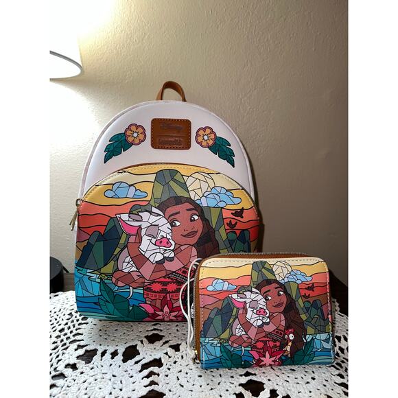 Loungefly Disney Moana & Friends Stained Glass Mini Backpack and Wallet Set - Picture 1 of 9